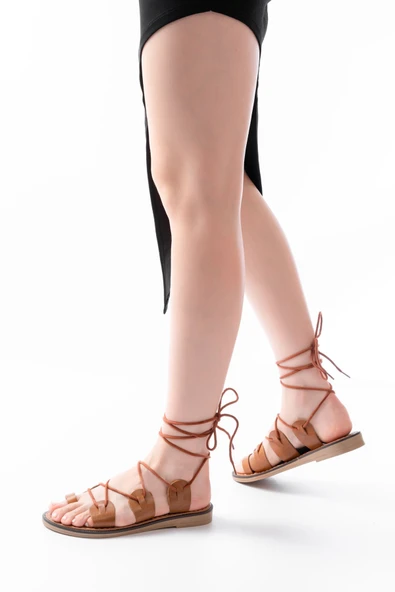 Taba Bilekten Bağlamalı Ortopedik Hakiki Deri Kadın Sandalet - Resim 5