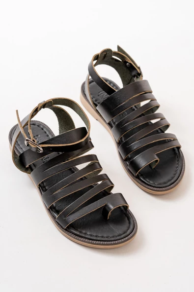 Siyah Ortopedik Hakiki Deri Kadın Sandalet - Resim 5