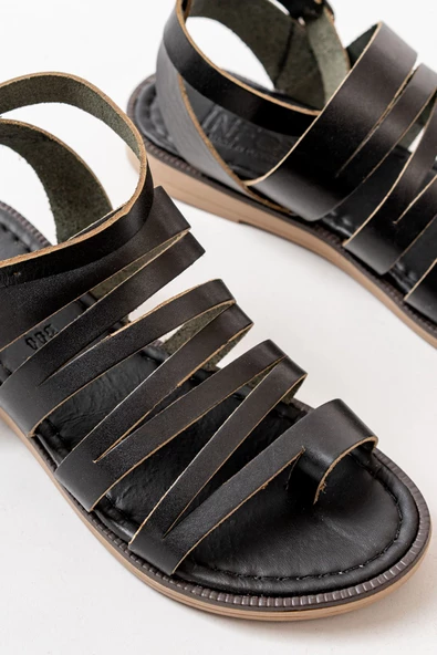 Siyah Ortopedik Hakiki Deri Kadın Sandalet - Resim 4