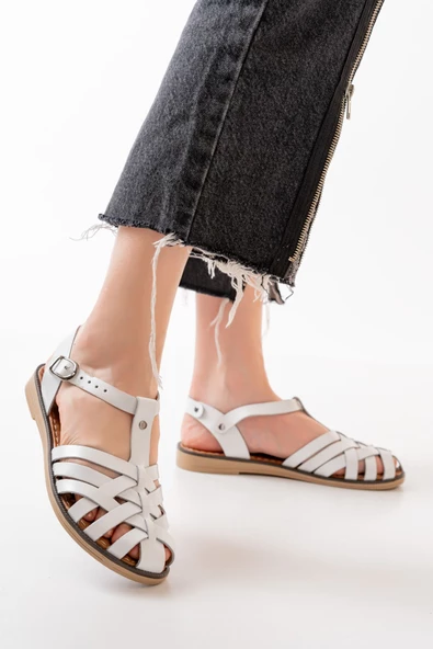 Beyaz Ortopedik Hakiki Deri Kadın Sandalet - Resim 5