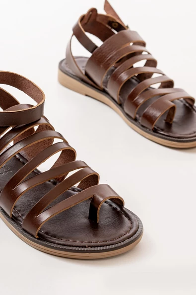 Koyu Kahve Ortopedik Hakiki Deri Kadın Sandalet - Resim 4