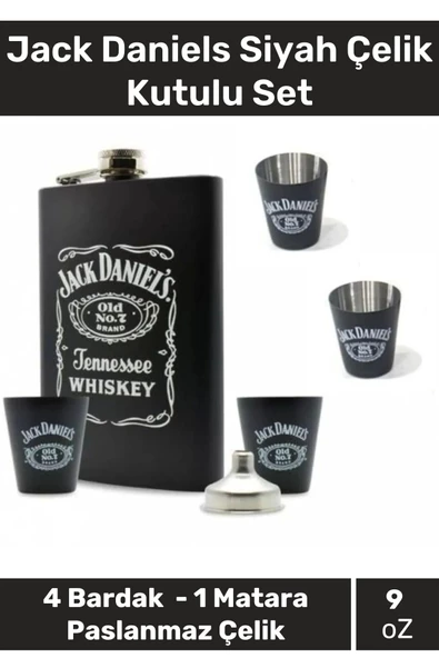 Özel Üretim Jack Daniels Uzun Süre Soğuk Tutan Siyah Çelik Kutulu 1 Matara 4 Shot Bardak Hediye Seti