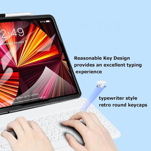 Samsung Galaxy Tab A SM-T515 10.1" Uyumlu Kablosuz Bluetooth Şarj Edilebilir Yuvarlak Tuşlu Klavye Mouse Seti - Beyaz - 6