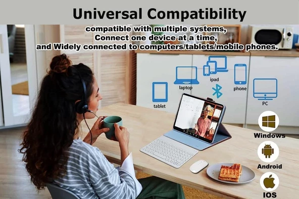Apple iPad 7. Nesil 10.2" Uyumlu Kablosuz Bluetooth Şarj Edilebilir Yuvarlak Tuşlu Klavye Mouse Seti - Beyaz - 3