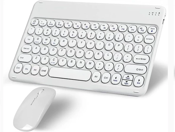 Lenovo Tab M10 HD ZA6W0005TR 10.1" Uyumlu Kablosuz Bluetooth Şarj Edilebilir Yuvarlak Tuşlu Klavye Mouse Seti - Beyaz