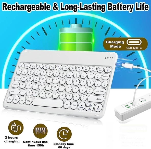 Hometech Alfa 10 TX Pro 10.1" Uyumlu Kablosuz Bluetooth Şarj Edilebilir Yuvarlak Tuşlu Klavye Mouse Seti - Beyaz - 5