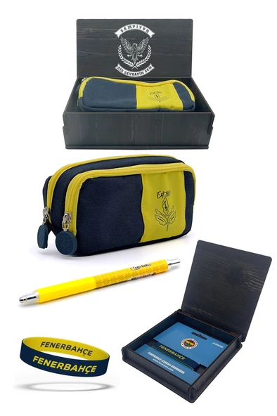 Fenerbahçe Orijinal Kalemlik & Uçlu Kalem & Bileklik Set Hediyelik Ahşap Kutulu