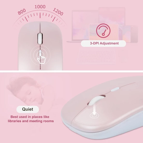 Sprange M50 10.4" Uyumlu Kablosuz Bluetooth Şarj Edilebilir Yuvarlak Tuşlu Klavye Mouse Seti - Pembe - 3