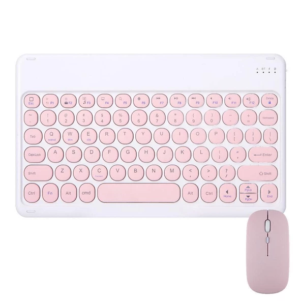 Samsung Galaxy Tab A9 X110 8.7" Uyumlu Kablosuz Bluetooth Şarj Edilebilir Yuvarlak Tuşlu Klavye Mouse Seti - Pembe