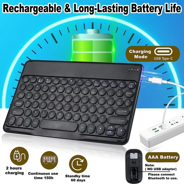 Hometech Alfa 10TM 10" Uyumlu Kablosuz Bluetooth Şarj Edilebilir Yuvarlak Tuşlu Klavye Mouse Seti - Siyah - 5