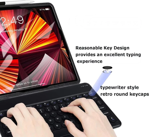 Huawei Matepad Pro 13.2" Uyumlu Kablosuz Bluetooth Şarj Edilebilir Yuvarlak Tuşlu Klavye Mouse Seti - Siyah - Resim 6