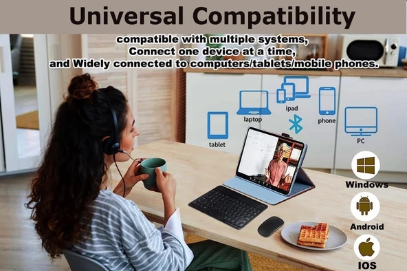 Huawei Mediapad T3 10 9.6" Uyumlu Kablosuz Bluetooth Şarj Edilebilir Yuvarlak Tuşlu Klavye Mouse Seti - Siyah - 3