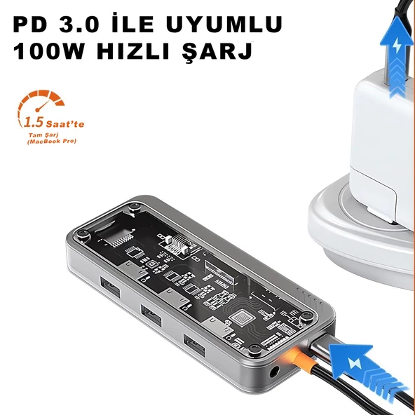 Type-C Audio Pd HDMI Vga Rj-45 Ethernet SD TF 3X Usb 3.0 Hub Çevirici SW10V - Resim 4