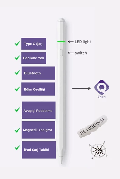 iPad 10. Nesil Uyumlu Pencil USB-C Avuç İçi Red Eğim Özellikli Bluetooth Bağlantılı Stylus Kalem - 5