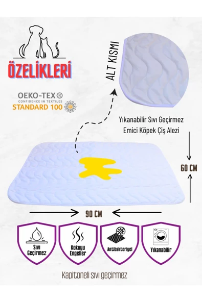 Kapitoneli Yıkanabilir Sıvı Geçirmez Emici Köpek Kedi Çiş Alezi 60x90 cm - 7