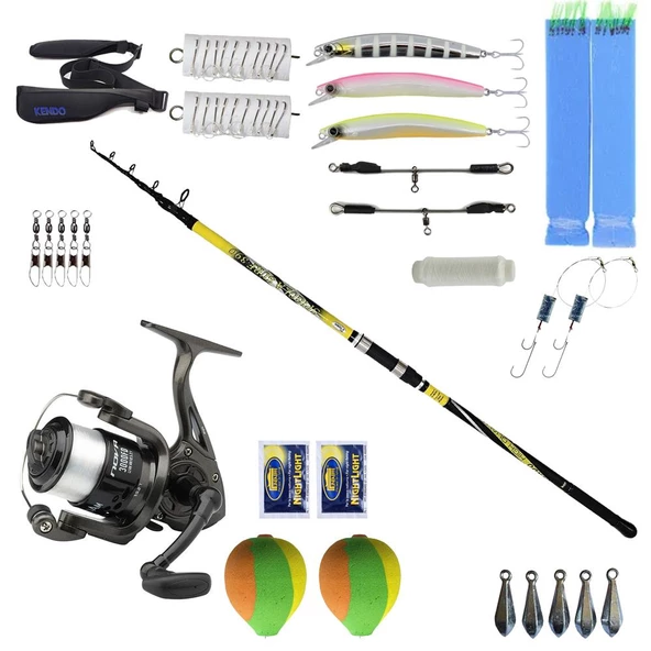 YekOutdoor Full Takım Olta Seti Kendo Spigola Surf 390cm 100-200 gr Teleskopik Kamış&Dam Nova 7000 FD 1BB 337M/0.40MM Olta Makinesi