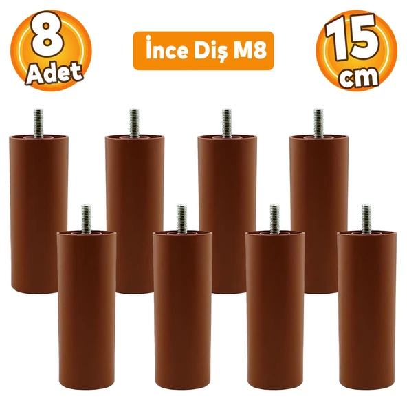 8 Adet Kahve 15 cm Mobilya Kanepe Koltuk Baza Yükseltme M8 Civatalı İnce Diş Destek Ayağı Ayakları