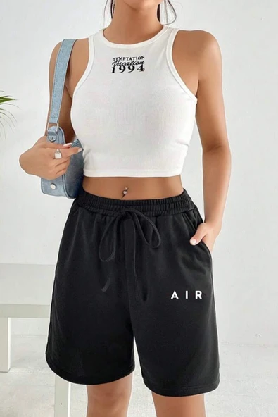 Süperlife Kadın Rahat Kalıp Beli Lastikli Cepli Basklı Şort SPR25SRK52 - 2