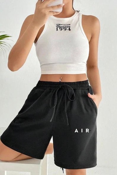 Süperlife Kadın Rahat Kalıp Beli Lastikli Cepli Basklı Şort spr24srk52 - 4