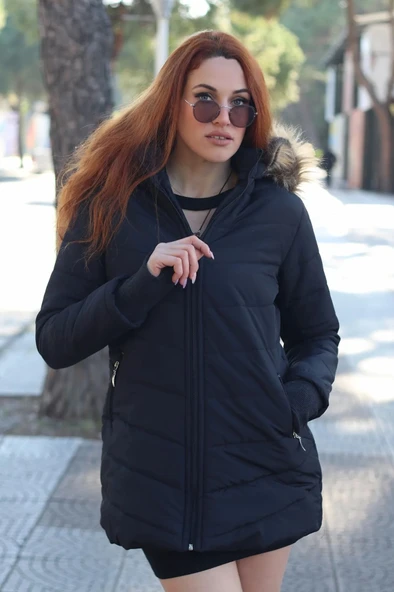 Kışlık Eldivenli Kapüşonlu Kürklü Kadın Şişme Mont - Resim 6