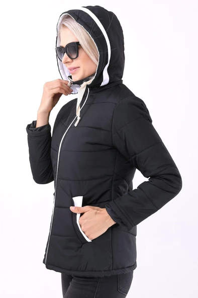 Günlük Şık Kapüşonlu Kışlık Kadın Şişme Mont - Resim 4