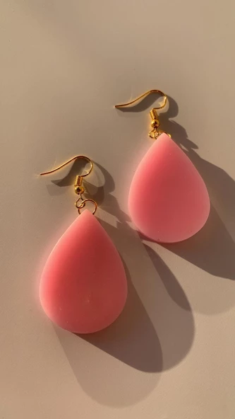 Damla Şekil Pembe Renkli Parlak Gold Aksesuar Epoksi Handmade El Yapımı Epoksi Küpe Hediyelik - 3