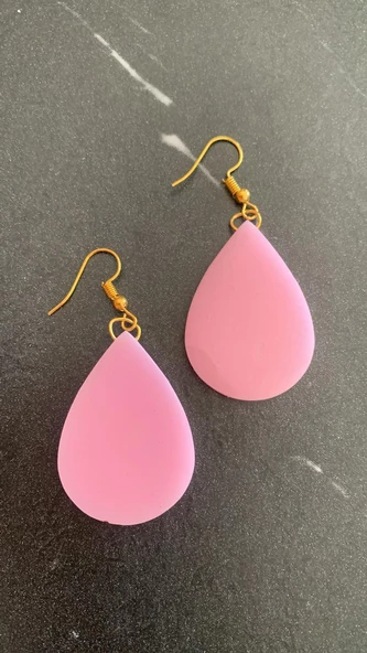 Damla Şekil Pembe Renkli Parlak Gold Aksesuar Epoksi Handmade El Yapımı Epoksi Küpe Hediyelik - 6