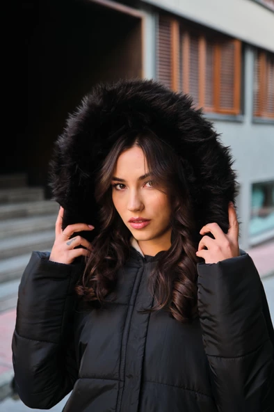 Toridas Diz Boy Kürk Detaylı Şişme Mont bt293siyah1 - Resim 6