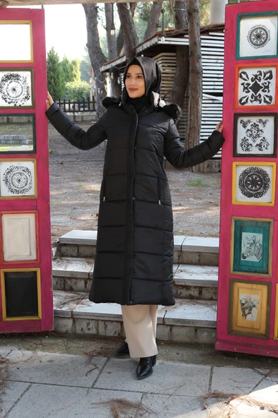 Diz Boy Kürk Detaylı Şişme Tesettür Mont - Resim 4