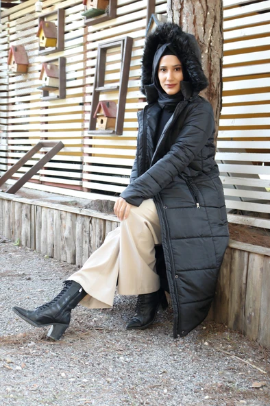 Diz Boy Kürk Detaylı Şişme Tesettür Mont - Resim 3