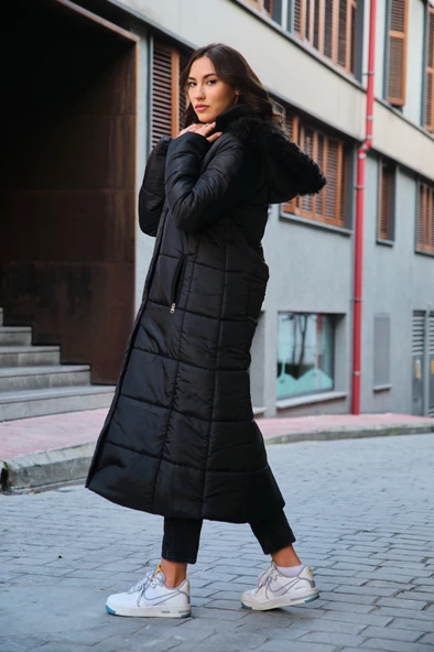 Toridas Diz Boy Kürk Detaylı Şişme Mont bt293siyah1 - Resim 4