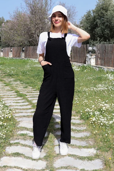 Askılı Büyük Cep Detaylı Kadın Salopet Tulum - Resim 4