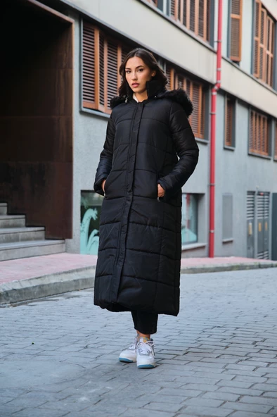 Toridas Diz Boy Kürk Detaylı Şişme Mont bt293siyah1 - Resim 2