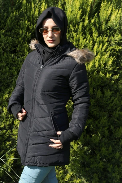 Eldiven Detaylı Kapüşonlu Kürklü Şişme Tesettür Mont - Resim 4