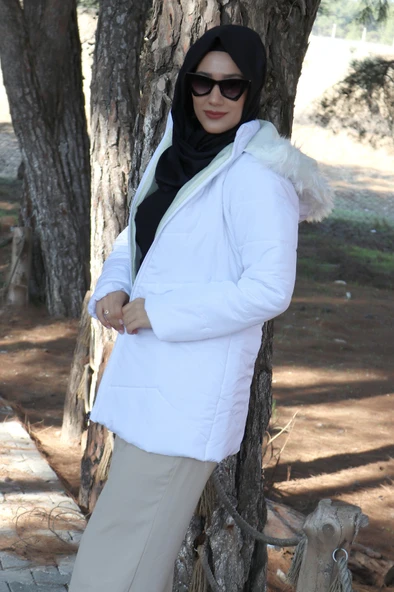 Günlük Kışlık Kapüşonu Kürklü Kadın Şişme Mont - Resim 3