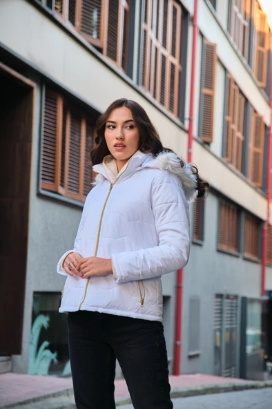 Günlük Kürklü Şişme Kadın Mont - Resim 5