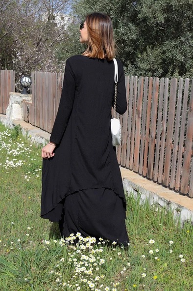 Keten Günlük Yazlık Salaş Kadın İki Katlı  Elbise - Resim 5