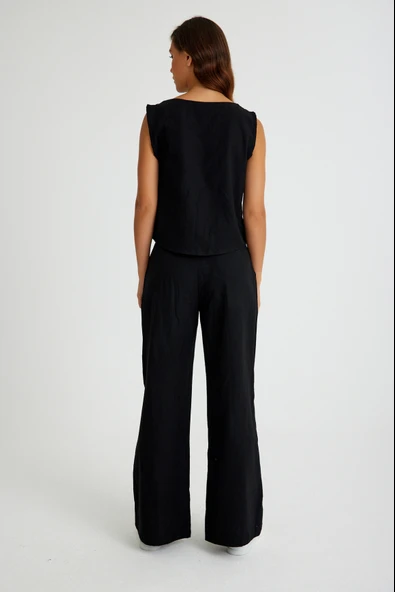 Keten Günlük Rahat  Kolsuz  Alt Üst Kadın Takım - Resim 4