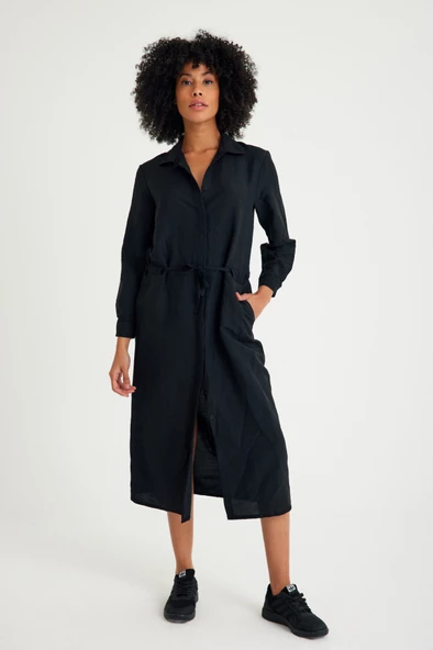 Toridas Keten Günlük Rahat Beli Bağcık Detaylı Uzun Kol Elbise LN07SİYAH2 - 4