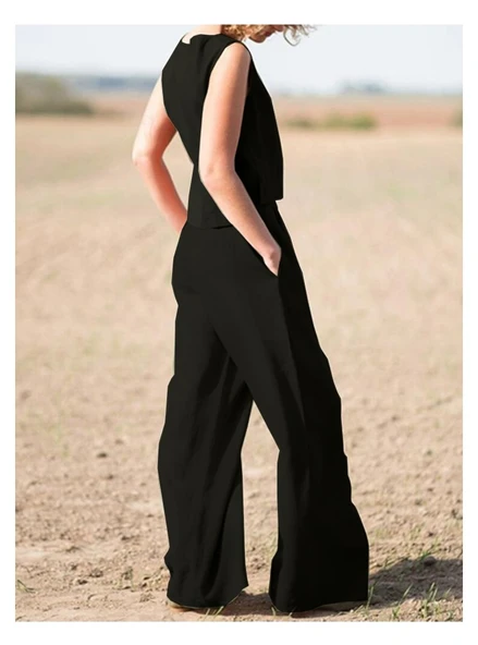 Keten Günlük Rahat  Kolsuz  Alt Üst Kadın Takım - Resim 2