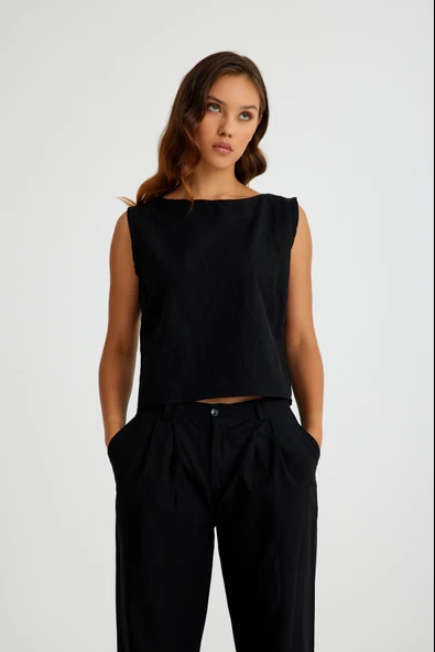 Keten Günlük Rahat  Kolsuz  Alt Üst Kadın Takım - Resim 3