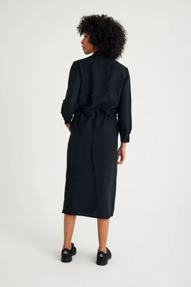 Toridas Keten Günlük Rahat Beli Bağcık Detaylı Uzun Kol Elbise LN07SİYAH2 - 5