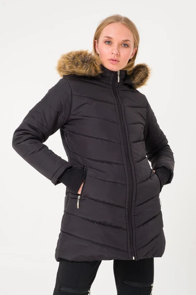 Kışlık Eldivenli Kapüşonlu Kürklü Kadın Şişme Mont - Resim 4