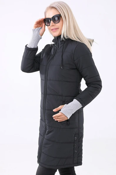 Kışlık Kapüşonlu Uzun Kadın Şişme Mont - Resim 3