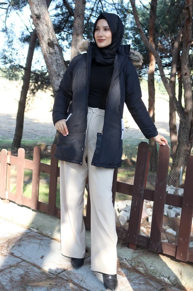 Kışlık Kürk Yaka Şişme Kadın Tesettür Mont - Resim 2