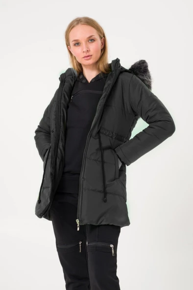 Kışlık Yaka Kürklü Uzun Kadın Şişme Mont - Resim 2