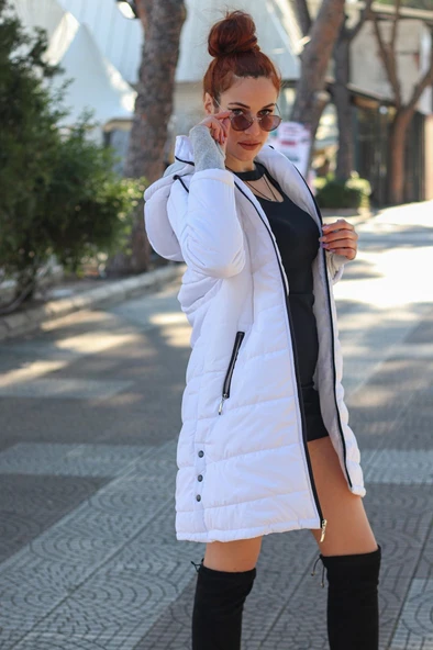 Kışlık Kapüşonlu Uzun Kadın Şişme Mont - Resim 2