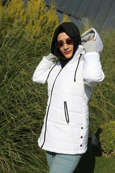 Kışlık Kapüşonlu Uzun Kadın Şişme Tesettür Mont - Resim 2