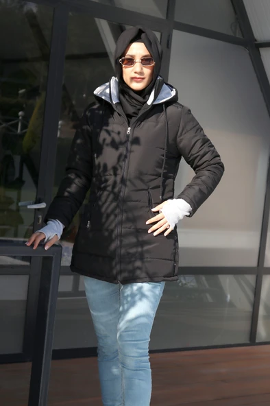 Kışlık Kapüşonlu Uzun Kadın Şişme Tesettür Mont - Resim 2