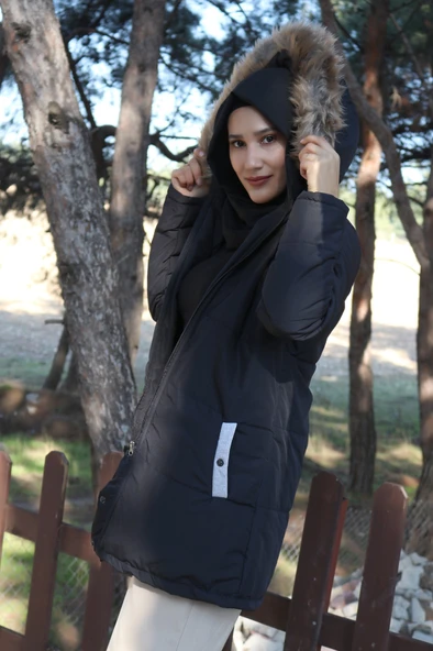 Kışlık Kürk Yaka Şişme Kadın Tesettür Mont - Resim 4